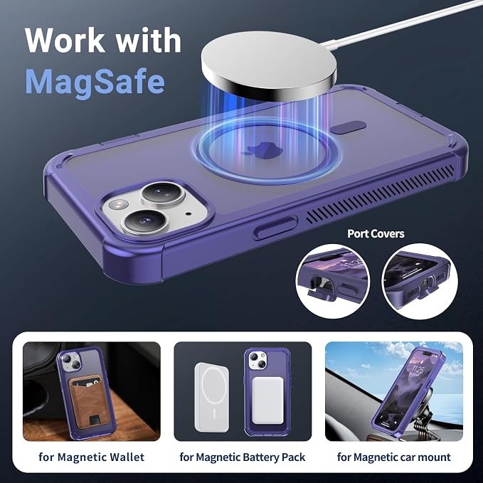 jaroco Magnetic for iPhone 14 Case, [Compatible with MagSafe][Military Grade Drop Protection][Heavy Duty Protection][Non-Slip][Shockproof] 2-Layer Durable Bumper Phone Case 6.1''-Dark Purple