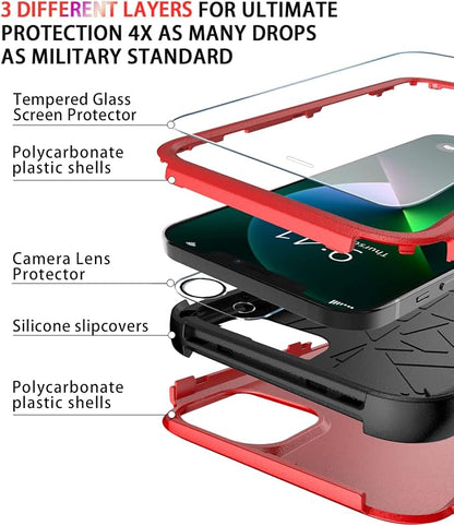 Diverbox for iPhone 13 Case [Shockproof] [Dropproof] [Tempered Glass Screen Protector + Camera Lens Protector],Heavy Duty Protection Phone Case Cover for Apple iPhone 13 (Red)
