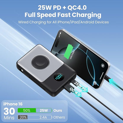 6 in 1 Magnetic Portable Charger for iPhone with Built-in Cables, 10800mAh 25W PD Fast Charging Power Bank, 6 Outputs Travel Essential Battery Pack for iPhone 17/16/15/14/13/12 Series,Apple Watch