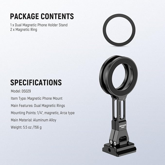 NEEWER Dual Magnetic Phone Holder Stand Tripod Mount with Arca Type Base, Metal Lightweight Portable Camera Cellphone Attachment Compatible with MagSafe iPhone Samsung Android Video Recording, DS029
