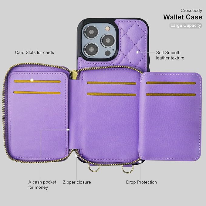 Bocasal Crossbody Wallet Case for iPhone 14 Pro Max, RFID Blocking PU Leather Zipper Handbag Purse Flip Cover, Kickstand Folio Case with Card Slots Holder Wrist Strap Lanyard 5G 6.7 Inch (Purple)