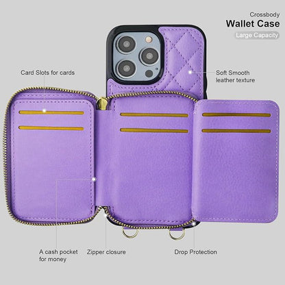 Bocasal Crossbody Wallet Case for iPhone 14 Pro Max, RFID Blocking PU Leather Zipper Handbag Purse Flip Cover, Kickstand Folio Case with Card Slots Holder Wrist Strap Lanyard 5G 6.7 Inch (Purple)