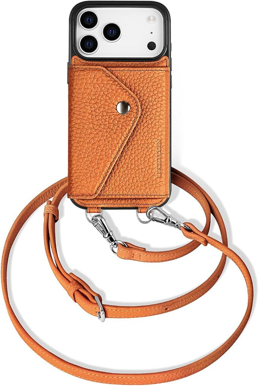 LUCKYCOIN for iPhone 17 Pro Crossbody Wallet Case – Genuine Leather Phone Purse with Adjustable Strap and Card Holder,Lanyard Phone Purse Case for Women,Pebble Grain Brown