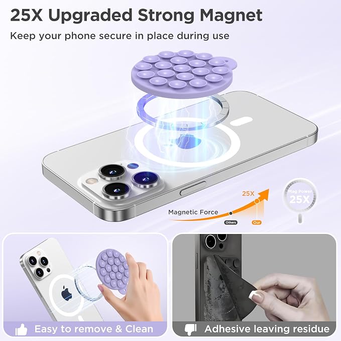 Magnetic Suction Cup Phone Mount with MagSafe, Silicone Hands-Free Grip Holder for iPhone Case and Android, Mirror Shower Phone Stand for Makeup FaceTime Gym Kitchen Bathroom, Lilac Purple