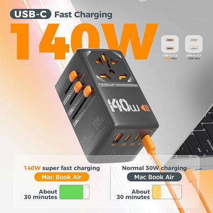 TESSAN Universal Travel Adapter, 140W GaN, Black | International Plug Adaptor, 3 USB C and 1 USB A Charging Ports, Worldwide Power Outlet, US to Europe UK AUS Ireland