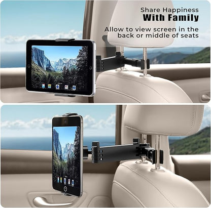 Car Headrest Tablet Holder, Stable Back Seat iPad Mount for Kids, Adjustable Long Arm Vehicle Head Rest Mount Compatible with 4.7-11" iPad Pro/Air/Mini, Samsung Galaxy Tablets, Fire HD