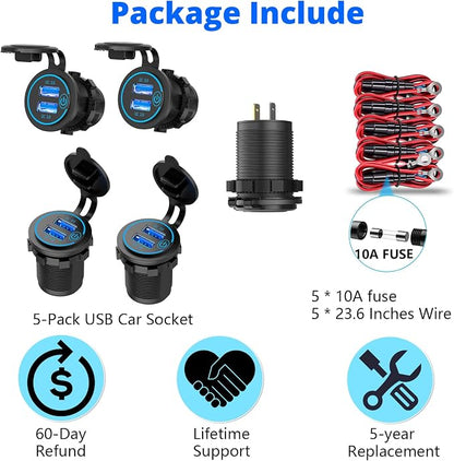 5 Pack Quick Charge 3.0 12V USB Outlet, Qidoe Waterproof QC3.0 Dual USB Power Outlet with Touch Switch Fast Car Charger Socket for 12V-24V Car Golf Cart Boat RV Motorcycle - More Affordable Pack