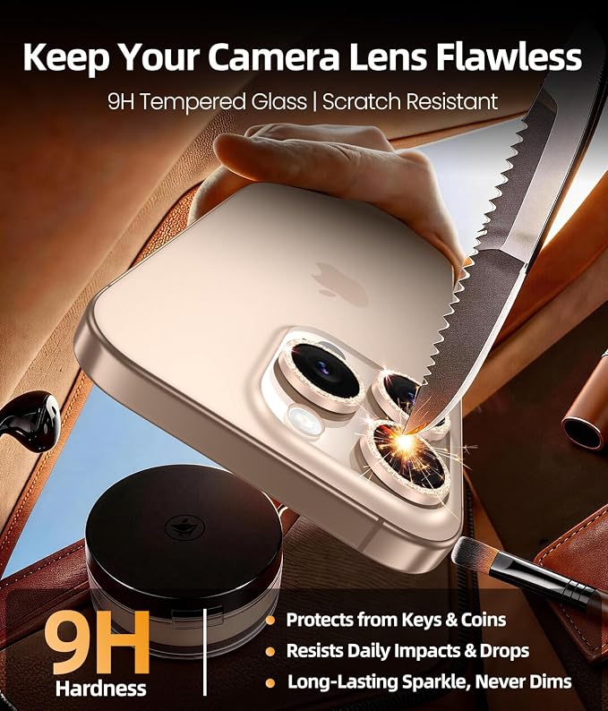 PandaShield 2-Pack Anti-Reflection Camera Lens Protector for iPhone 17/16/15 Pro & Pro Max, Easy Installation,9H Hardness,98% Ultra Clarity,Maintains Original Lens Design- Glitter Desert Titanium