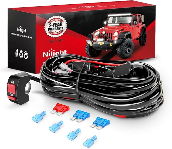 Nilight LED Light Bar Wiring Harness Kit Motorcycle Handlebar Push Button Switch 16AWG 2 Leads 12V On Off for ATV UTV Driving Lights 7/8inch