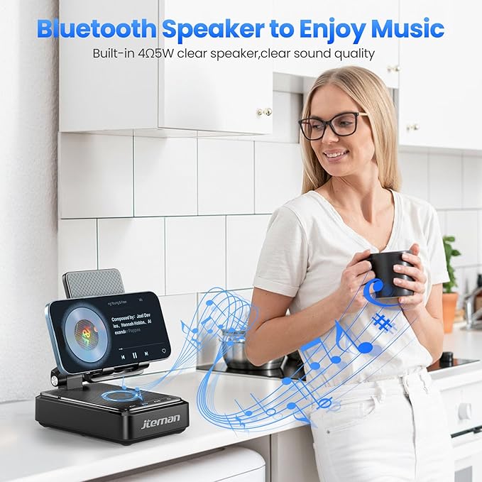 Jteman Cell Phone Stand with Bluetooth Speaker and Wireless Charger,Desktop Charging Station Stand Speaker for iPhone,Christmas Birthday Gift for Men Women (Black)