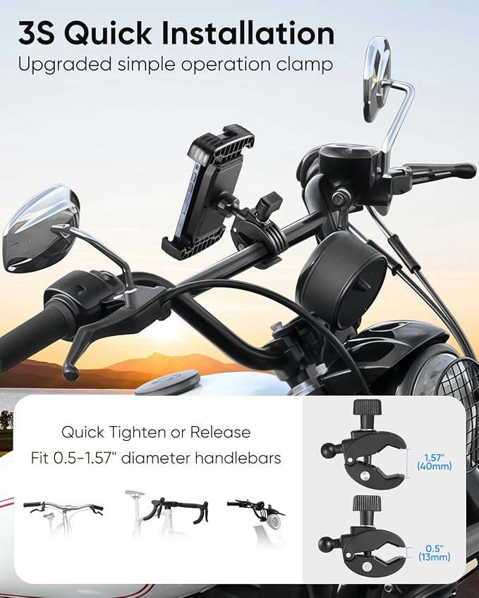 Bike Phone Holder, Motorcycle Phone Mount, [Anti Vibration] Bicycle Cell Phone Holder Handlebar, Ebike Electric Scooter ATV Phone Clip Clamp for iPhone, Pro, Max, Air, Samsung and 4.7-7" Smartphones
