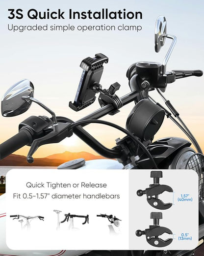Bike Phone Holder, Motorcycle Phone Mount, [Anti Vibration] Bicycle Cell Phone Holder Handlebar, Ebike Electric Scooter ATV Phone Clip Clamp for iPhone, Pro, Max, Air, Samsung and 4.7-7" Smartphones