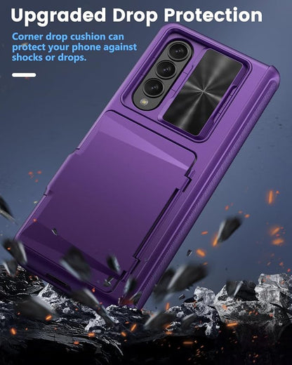 Viaotaily for Galaxy Z Fold 4 Case with Card Holder & Slide Camera Cover, Built-in Screen Protector & Hinge Protection, Shockproof Durable Wallet Phone Case for Galaxy Z Fold 4, Dark Purple