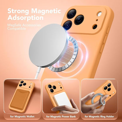 Magnetic for iPhone 17 Pro Case, Compatible with MagSafe, [Full Camera Protection][Screen Protector] Silicone Shockproof Protective Phone Case for iPhone 17 Pro 6.3", Cantaloupe