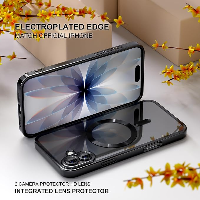Misea Magnetic for iPhone 17 Case Compatible with MagSafe [Never Yellowing] [Military Grade Drop Protection] Full Camera Lens Protector Plating Soft Clear Phone Case for Women, Black