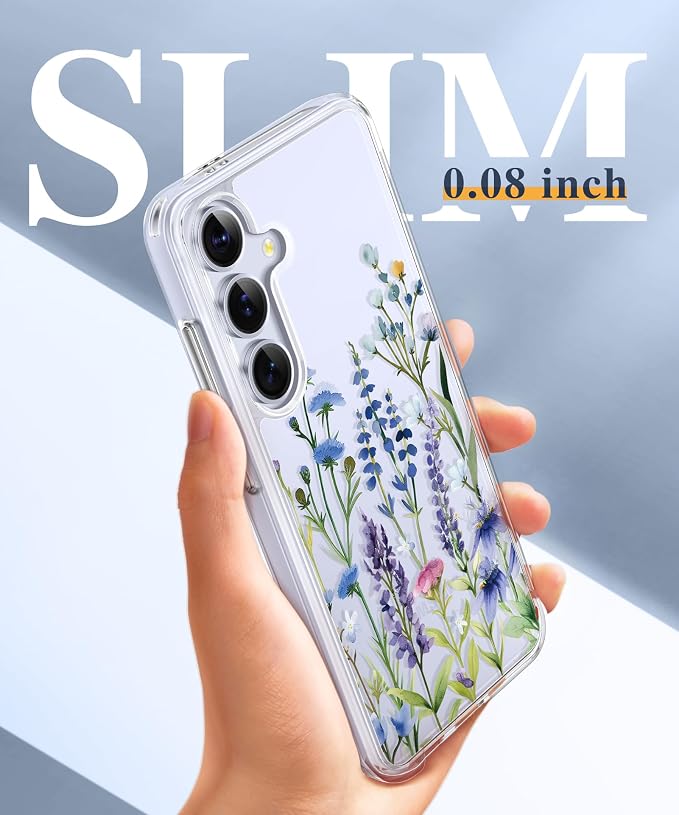 GVIEWIN for Samsung Galaxy S25 Case, Clear Floral Slim Shockproof Protective Women Phone Case, Non-Yellowing, with Screen Protector & Camera Lens Protector for Galaxy S25 6.2", Sweet Posy/Green