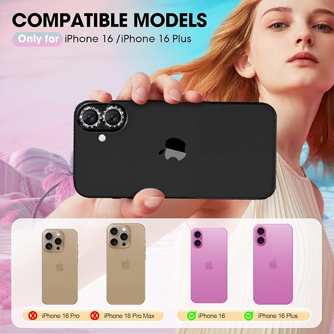 Xfilm for iPhone 16/16 Plus Camera Lens Protector Bling Individual Sun Design Diamond Ring 9H Hardness Scratchproof Protector, Stylish Phone Accessories, Case Friendly (Black)