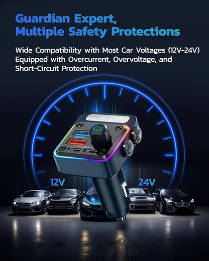 Nulaxy 54W Bluetooth 5.3 Car Adapter with 4 Charging Ports [PD 36W & QC3.0 18W], Wireless Radio FM Transmitter with Deep Bass Player & 5 Colors LED Backlit, Hands-Free Calling - Blue