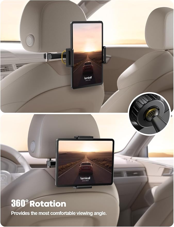 Lamicall Car Tablet Headrest Holder - Car Back Seat Headrest Tablet Mount Stand for Kids, Road Trip Essentials Accessories Gifts, for 2025 iPad Pro 11/13" Air Mini, iPhone, Galaxy Tab, 4.7-13" Devices