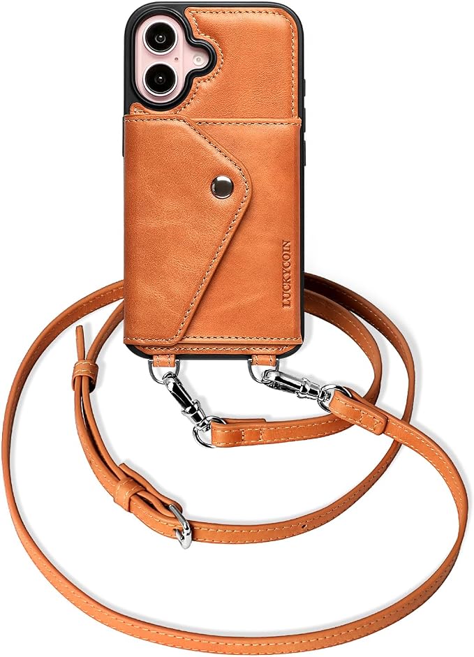 LUCKYCOIN for iPhone 16 Crossbody Wallet Case – Genuine Leather Phone Purse with Adjustable Strap and Card Holder,Lanyard Phone Purse Case for Women,Vintage Brown