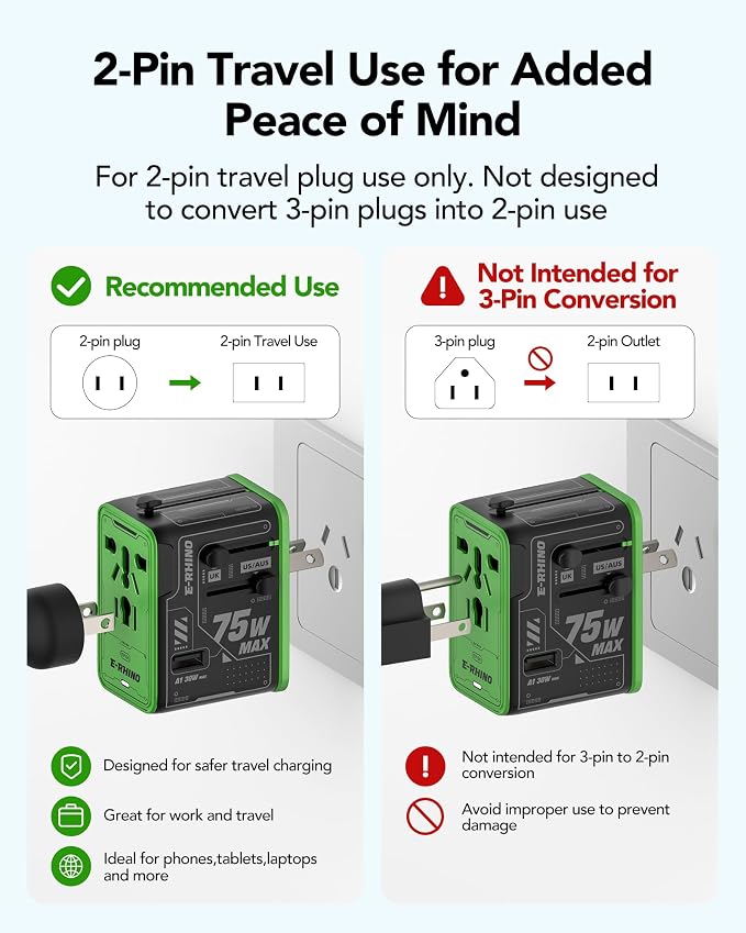 MFish 75W Universal Travel Adapter, 5-Port International Power Adapter with Retractable USB-C Cable, 3 USB-C & 1 USB-A + AC Outlet, Worldwide Wall Charger for MacBook, iPhone, iPad, EU/UK/US/AUS Black