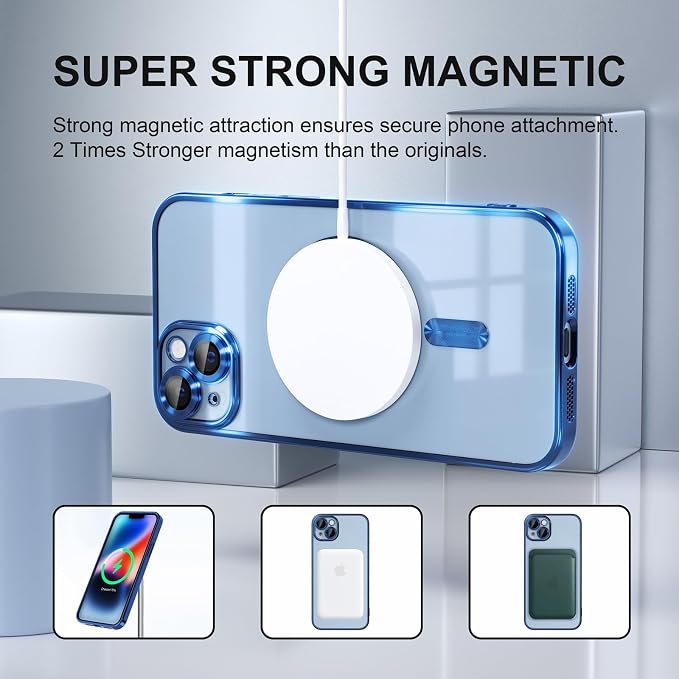 Misea Magnetic for iPhone 14 Plus Case Compatible with MagSafe [Never Yellowing] [Military Grade Drop Protection] Full Camera Lens Protector Plating Soft Clear Phone Case for Women Girls, Blue