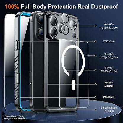 SPIDERCASE Magnetic for iPhone 17 Pro Case Waterproof,Built-in Screen & Camera Lens Protector[IP68 Waterproof] [Military Grade Shockproof] Full Body Protection Cover for iPhone 17 Pro 6.3’’,Blue