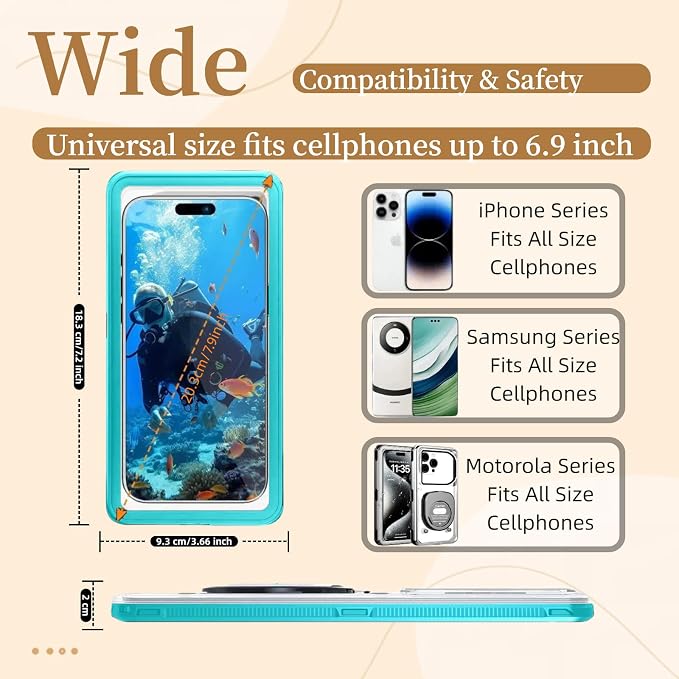 Waterproof Phone Case,IPX8 Phone Protection with Ideal for Snorkeling,Diving,and Water Activities,Suitable for iPhone,Samsung,Motorola,and All Series of Phones with Screens Below 6.9 in (Cyan)