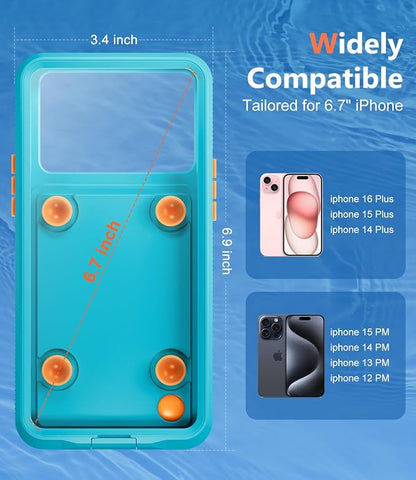 Underwater Phone Case for Snorkeling, [IP68 Waterproof] [Sensitive Inflated Touchscreen] [Precise Buttons], Only for 6.7" iPhone 15/14/13/12 Pro Max, iPhone 16/15/14 Plus, Teal