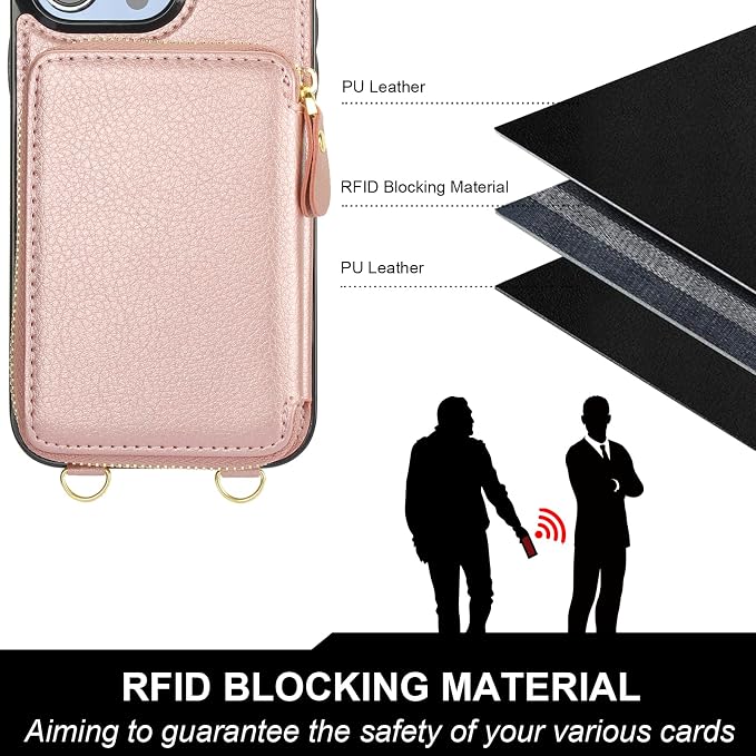 Bocasal for MagSafe Crossbody Wallet Case Compatible with iPhone 14 Pro Max, RFID Blocking Protective Purse Case with Card Slots Holder Kickstand Wrist Strap Lanyard Zipper 6.7 Inch 5G (Rose Gold)