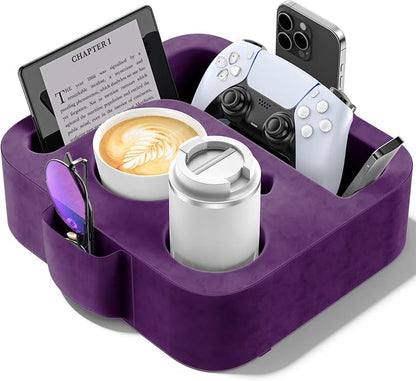 Couch Cup Holder Pillow, Sofa and Bed Caddy for iPad, Kindle, Switch, Game Controller, Remotes, Phones, Small-Sized Cup & Drink Holder for Couch, Bed, Desk, Car, Beach, Bathroom Cup Holder Purple