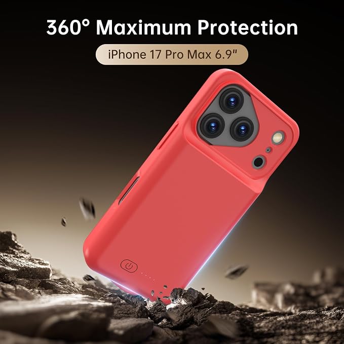 GIN FOXI Battery Case for iPhone 17 Pro Max, Rechargeable Case Charger 8500mAh Ultra-Slim Lightweight Powerful Battery Pack 15W Fast Charging Anti-Fall TPU Juice Box for 17 Pro Max (6.9") Red
