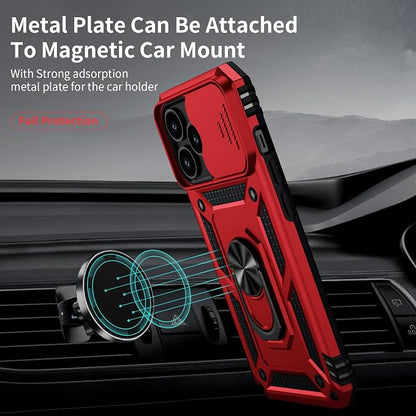 Vinve for iPhone 14 Pro Max Case with Slide Lens Cover HD Screen Protector, Military Grade Drop Protection, Magnetic Rotated Ring Holder Kickstand Protective Phone Case (Red)