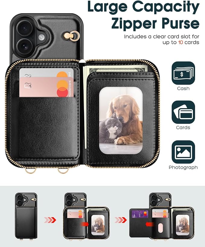 OCASE Compatible with iPhone 16 Crossbody Wallet Case with Card Holder, PU Leather Zipper Handbag Phone Purse with RFID Blocking Kickstand Wrist Strap Lanyard 6.1 Inch, Black