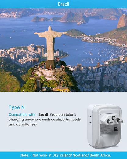 2 Pack Brazil Power Adapter, VINTAR Foldable US to Brazil Travel Adaptor with 4 American Outlets 3 USB Ports(2 USB C), 7 in 1 Type N Plug Adapter for USA to Brazilian Brazil