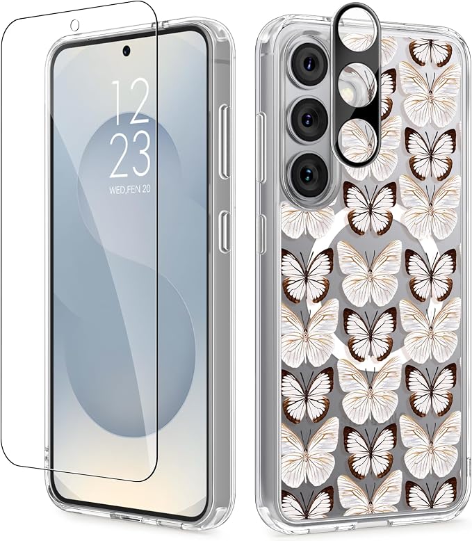 GVIEWIN for Samsung Galaxy S25 Plus Case Compatible with MagSafe, Clear Floral Shockproof Protective Women Phone Case, Non-Yellowing, Screen & Camera Lens Protector for S25 Plus 6.7", Amathusiidae