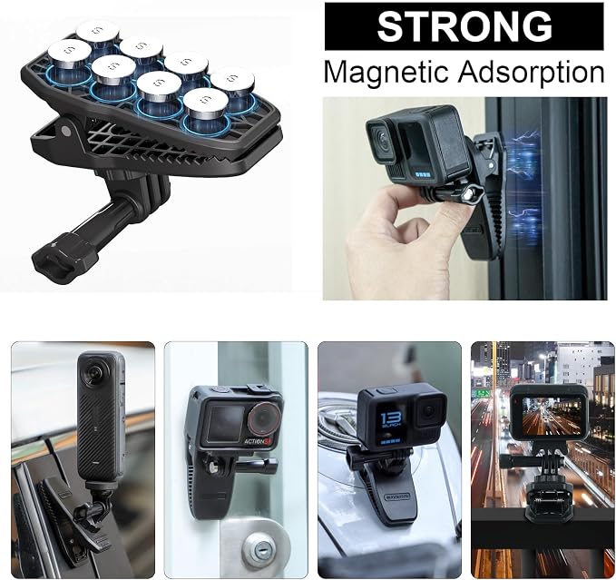 CAPART Magnetic Car Sun Visor Camera Mount for DJI OSMO Action 5 Pro 4 3 Pocket 3 2, GoPro 12 11 10 9, Insta360 X4 X3 X2 GO 3 3S ACE, Action Camera Sunvisor Backpack Clamp Bike Mount, 360° Rotatable