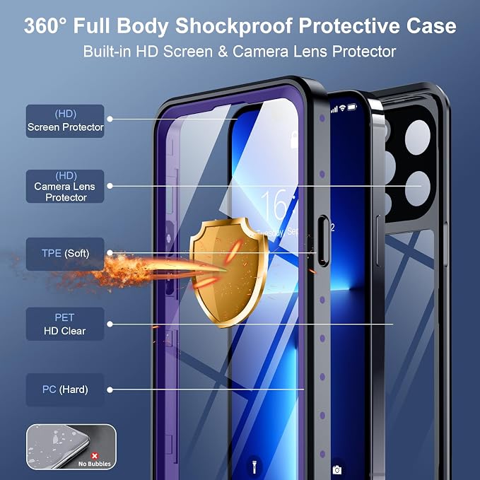 SPIDERCASE for iPhone 13 Pro Max Case Waterproof, Built-in Lens & Screen Protector, Full Heavy Duty Protection, 12FT Military Shockproof, Dustproof, Anti-Scratched Phone Case,Purple