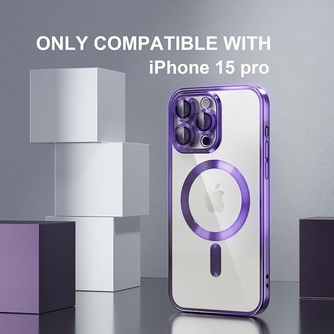 Misea Magnetic for iPhone 15 Pro Case Compatible with MagSafe [Never Yellowing] [Military Grade Drop Protection] Full Camera Lens Protector Plating Soft Clear Phone Case for Women Girls, Purple