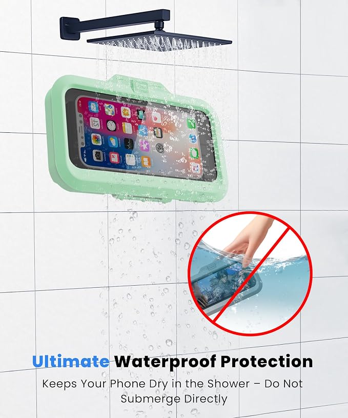 URROY Shower Phone Holder Waterproof One-Touch Open Shower Phone Case Anti-Fog & Sensitive Touchscreen Bathroom Wall Phone Mount Stand Universal Fit for iPhone & Smartphones Gift for Men Women Green