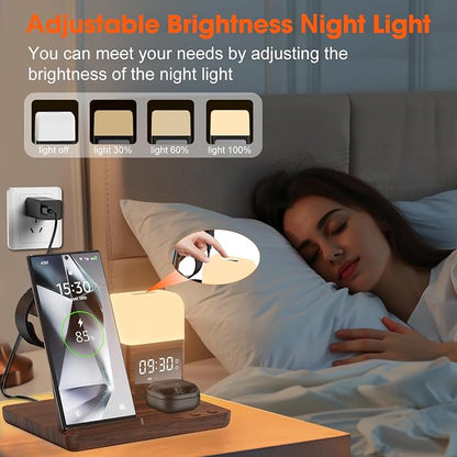 Wireless Charger for Samsung/Android Charging Station, 6 in 1 Fast Watch Charger with Alarm Clock-Night Light, Compatible for Galaxy S25 Ultra/S24, Only for Samsung Watch8/7, Galaxy Buds3 Pro(Walnut)