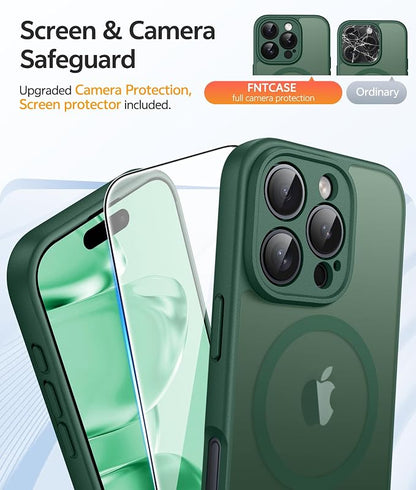 FNTCASE for iPhone 16 Pro Case: [Compatible with Magsafe] Translucent Matte Cases with [Full Camera Protection] [Screen Protector] Military Grade Shockproof Protective Phone Cover - Green