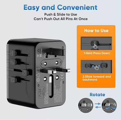 Universal Travel Adapter - 35W International Power Adapter with Fuse Auto-Resetting, USB-C PD Fast Charging Worldwide Plug Adaptor for USA to European UK AUS India, Type C/G/D/I/A, Black