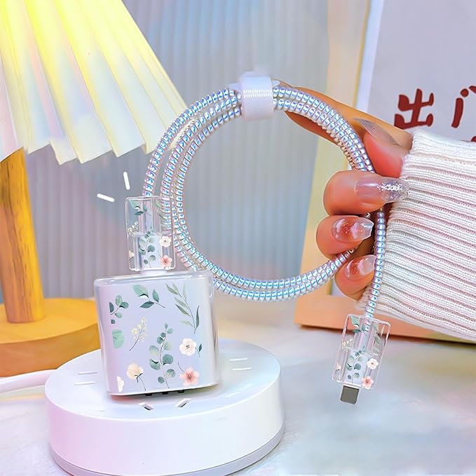 Cute DIY Phone Charger Case Storage Set with Cable Protector with Carrying Cable Case Bag, Cord Organizer, USB Earphone Wire Saver Organizer Charger Protector for iPhone (Green-Leafed Flower)