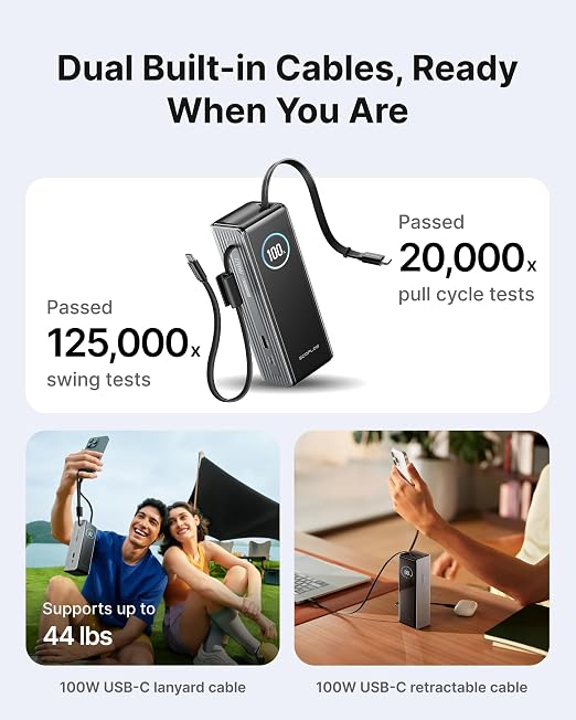 EF ECOFLOW Laptop Power Bank, 25000mAh Rapid Portable Charger, Triple 100W USB-C Ports, Built-in Retractable Cables, Fast Charging for iPhone 17/16 Series, MacBook, Samsung and More