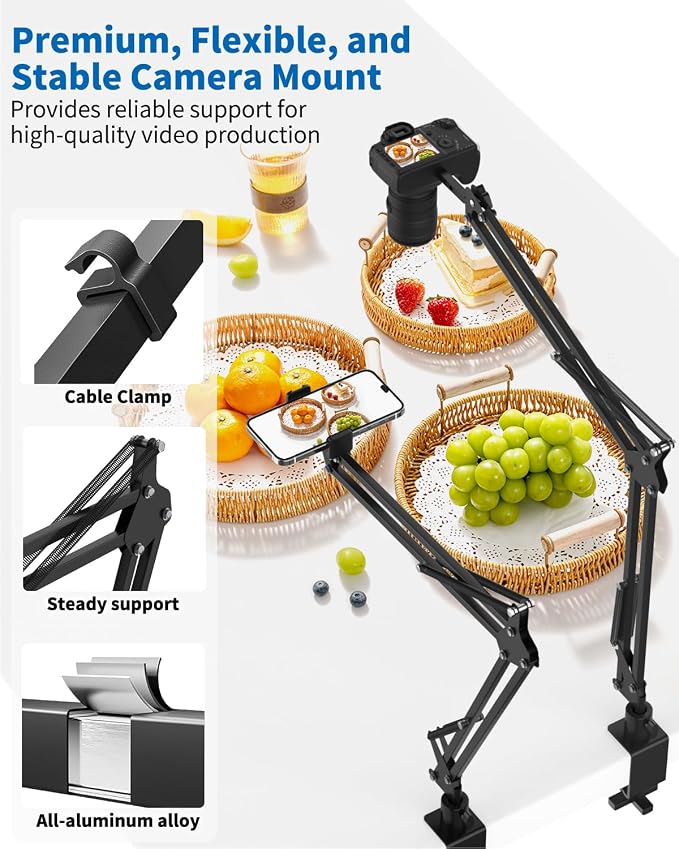 Overhead Camera Phone Mount, Desk Phone Stand for Recording, Phone Holder for Bed with Phone/Tablet/Mic Clamps, 1/4" Thread Magic Arm for DSLR, Webcam, iPad, TikTok, YouTube, Streaming, Cooking, Video