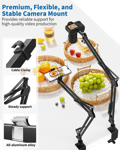 Overhead Camera Phone Mount, Desk Phone Stand for Recording, Phone Holder for Bed with Phone/Tablet/Mic Clamps, 1/4" Thread Magic Arm for DSLR, Webcam, iPad, TikTok, YouTube, Streaming, Cooking, Video