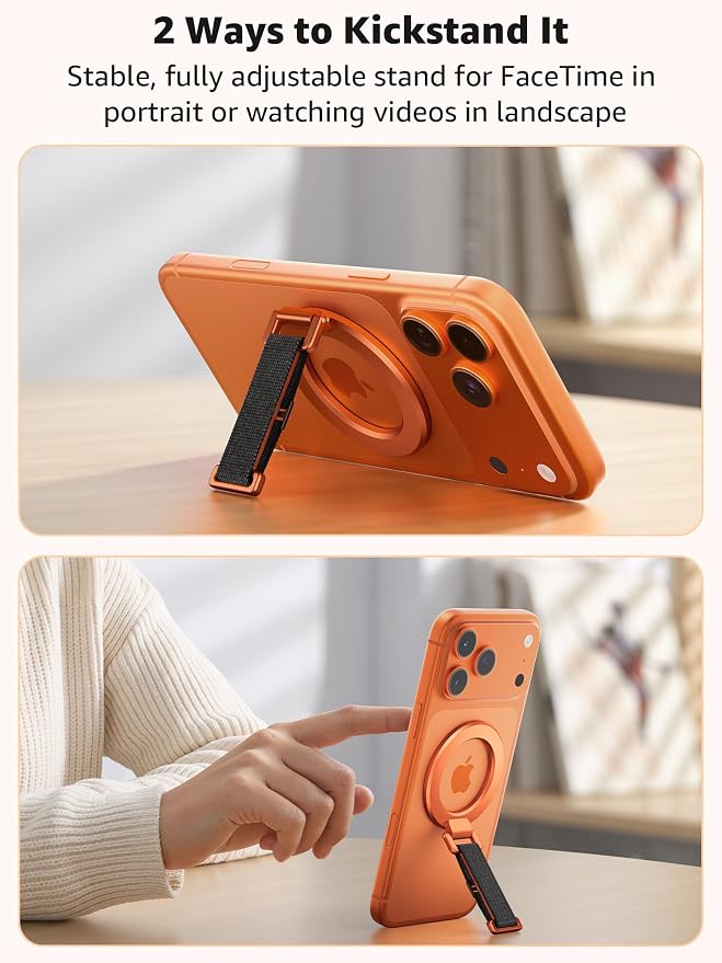 SUPERONE Magnetic Phone Grip with Finger Strap, Removable Magnetic Ring Holder with Kickstand Finger Loop, Accessories for iPhone 17/16/15/14/13/12 Series, Orange