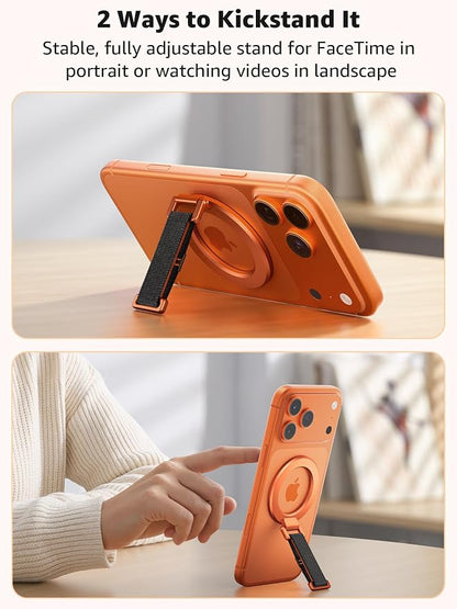 SUPERONE Magnetic Phone Grip with Finger Strap, Removable Magnetic Ring Holder with Kickstand Finger Loop, Accessories for iPhone 17/16/15/14/13/12 Series, Orange