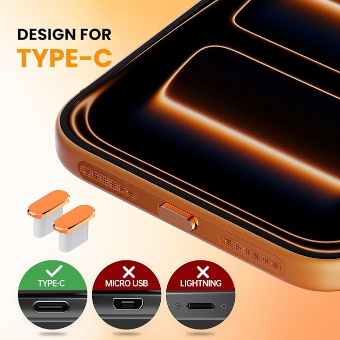 iPhone 17 Pro Max Speaker Protector Cover Accessories - 5PCS USB C Dust Plug & Earpiece Speaker Mesh Adhesive Stickers for iPhone 17 Pro Max / 17 Pro, Type C Charging Port Cover with Tweezer, Orange